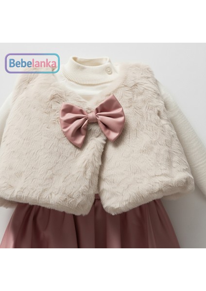 Kız Çocuk Pembe Fiyonklu Peluş Yelekli Triko Kazak ve Etek 3'lü Lisanslı Takım 770963