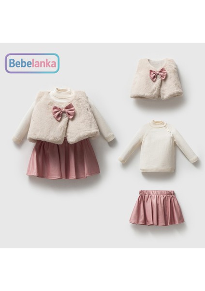 Kız Çocuk Pembe Fiyonklu Peluş Yelekli Triko Kazak ve Etek 3'lü Lisanslı Takım 770963 fiyatları