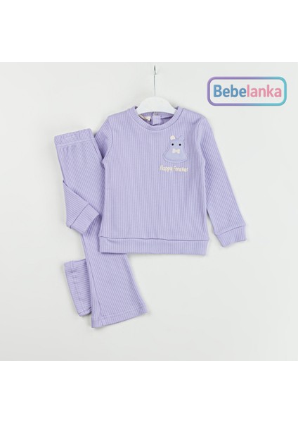 Kız Çocuk %100 Pamuk Lila Desenli Bisiklet Yaka Günlük Takım 995564