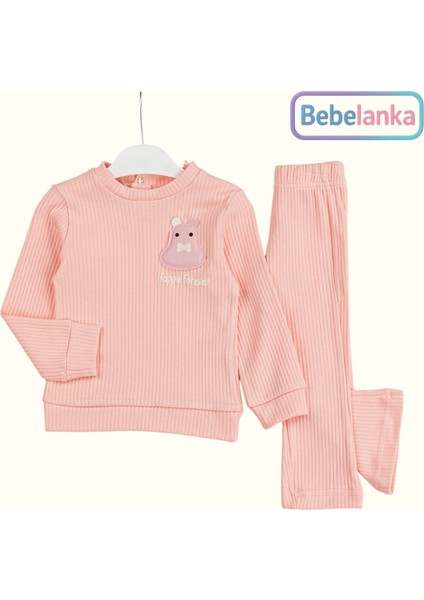 Kız Bebek %100 Pamuk Fitilli Ayıcık Nakışlı Pembe Pijama Takımı 2'li 265727
