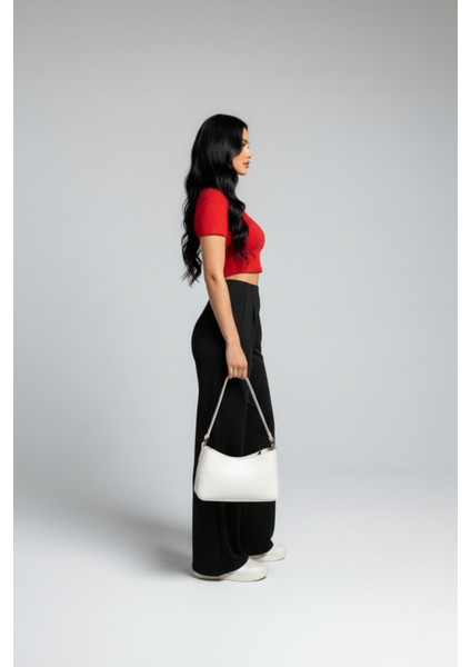 Kadın Yüksek Bel Pensli Bol Paça Krep Palazzo Pantolon – Siyah modelleri