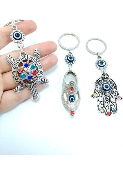Nazar Boncuğu Anahtarlık Renkli Kaplumbağa / Çarık / Hamse Eli Metal Üçlü Set Hediyelik Aksesuar