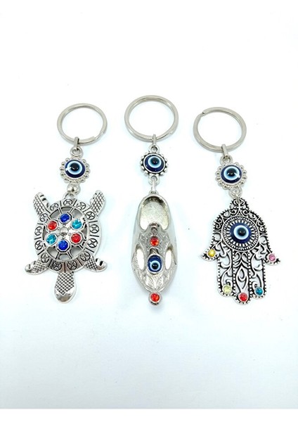 Nazar Boncuğu Anahtarlık Renkli Kaplumbağa / Çarık / Hamse Eli Metal Üçlü Set Hediyelik Aksesuar fiyatları