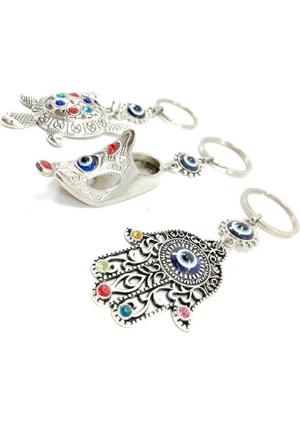 Nazar Boncuğu Anahtarlık Renkli Kaplumbağa / Çarık / Hamse Eli Metal Üçlü Set Hediyelik Aksesuar modelleri
