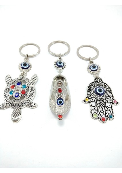 Nazar Boncuğu Anahtarlık Renkli Kaplumbağa / Çarık / Hamse Eli Metal Üçlü Set Hediyelik Aksesuar fırsatları