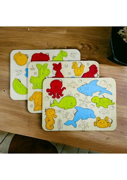 Ahşap 3’lü Eğitici Yapboz Seti, Hayvan, Meyve, Deniz Temalı Çocuk Oyuncağı