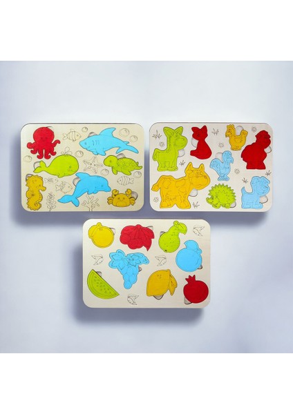 Ahşap 3’lü Eğitici Yapboz Seti, Hayvan, Meyve, Deniz Temalı Çocuk Oyuncağı fiyatları