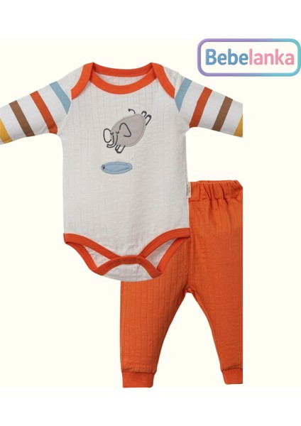 Unisex %100 Pamuk Ribana Zıbın (Body) Turuncu Fitilli Pantolon 2'li Takım 544726