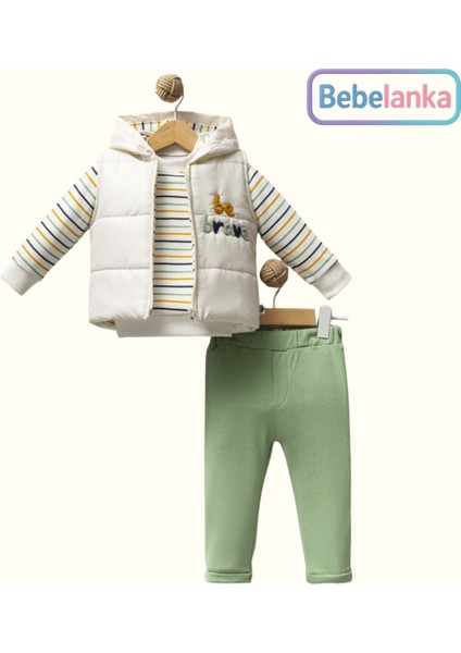 Erkek Bebek Çizgili Sweatshirt Şişme Yelek ve Pantolon 3'lü Takım 308432
