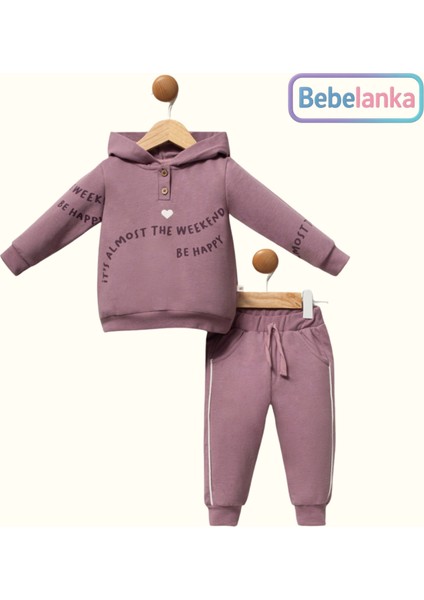 Kız Çocuk Mürdüm Kapüşonlu Sweatshirt ve Şeritli Eşofman Altı Takımı 676286