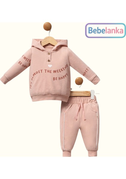 Kız Çocuk %100 Pamuk Baskılı Pembe Kapüşonlu Eşofman Takımı 2'li 382463