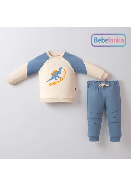 Erkek Çocuk %100 Pamuk Mavi Dinazor Baskılı Renk Bloklu Eşofman Takımı 946528