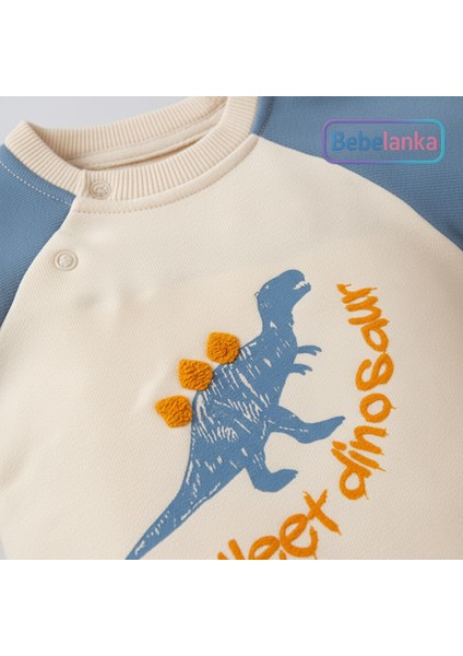 Erkek Çocuk %100 Pamuk Mavi Dinazor Baskılı Renk Bloklu Eşofman Takımı 946528 fırsatları