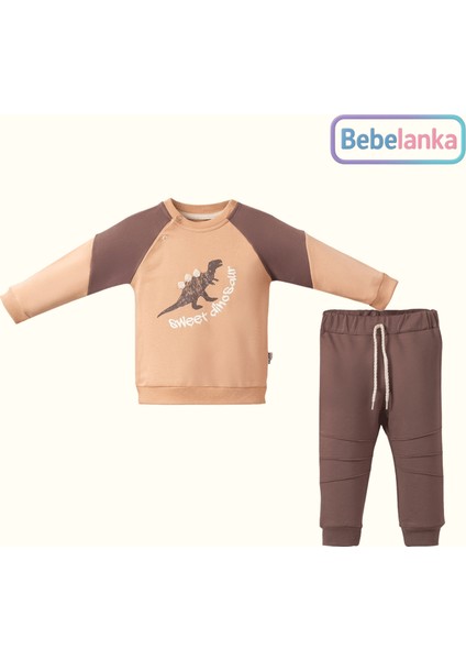 Erkek Çocuk Tatlı Dinozor Baskılı Raglan Kollu %100 Pamuk Sweatshirt ve Alt Eşofman Takımı 147653