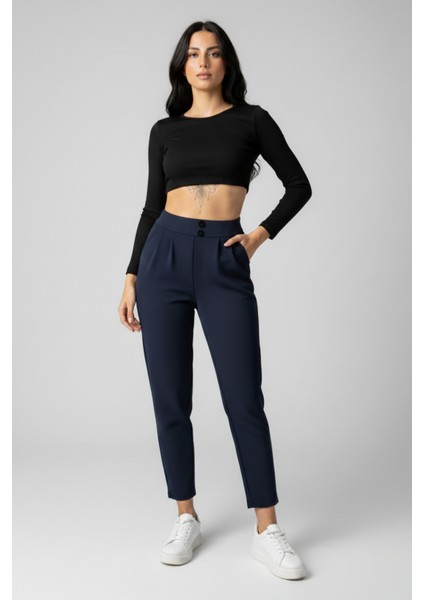 Kadın Yüksek Bel Çift Düğmeli Havuç Model Bilek Boy Krep Pantolon – Lacivert