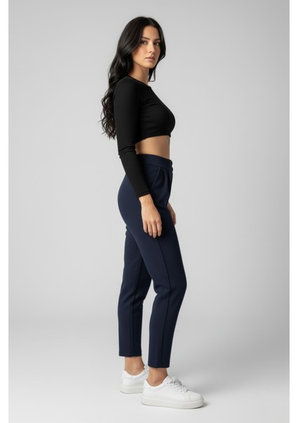 Kadın Yüksek Bel Çift Düğmeli Havuç Model Bilek Boy Krep Pantolon – Lacivert fiyatları