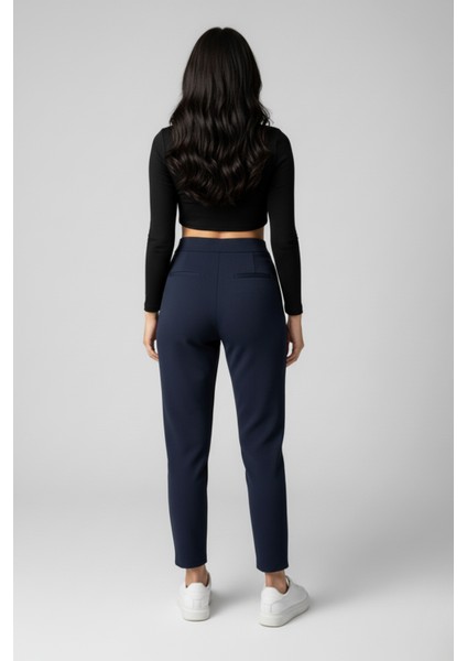 Kadın Yüksek Bel Çift Düğmeli Havuç Model Bilek Boy Krep Pantolon – Lacivert modelleri