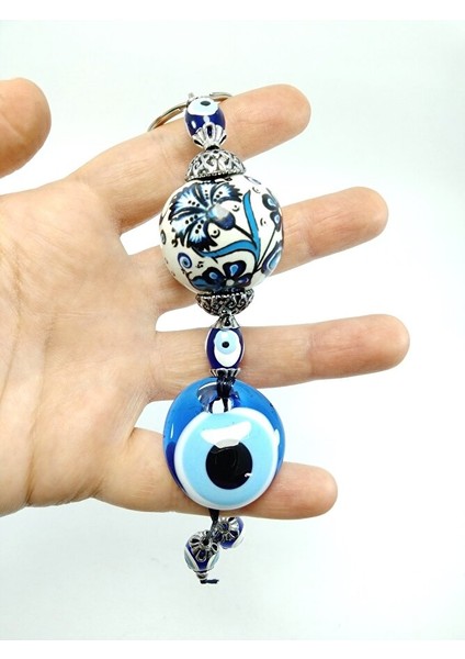 Nazar Boncuğu Anahtarlık El Yapımı Cam Aksesuar Çini Desenli Seramik Detaylı Hediyelik Eşya