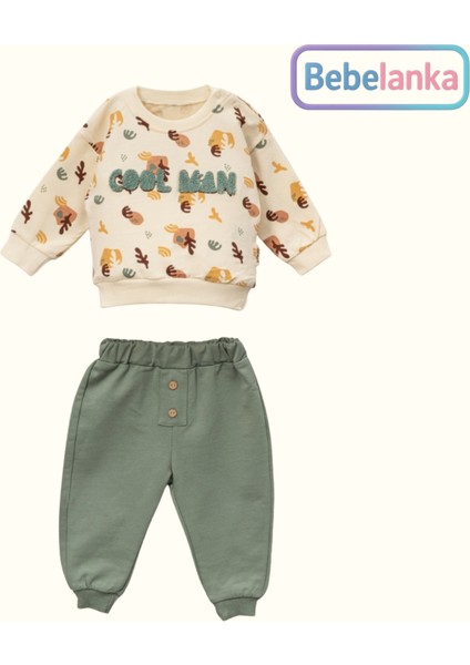 Erkek Çocuk %100 Pamuklu Baskılı Sweatshirt Eşofman Altı 2'li Takım Yeşil 466514