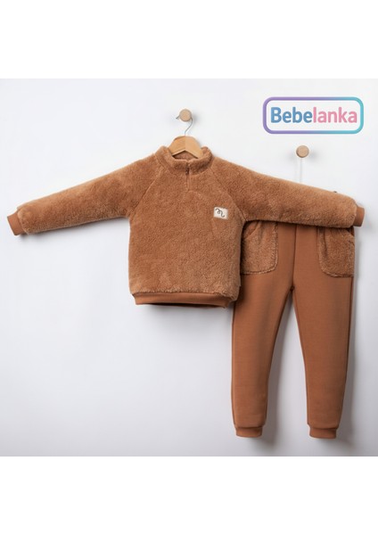 Erkek Çocuk Taba Rengi Yarım Fermuarlı Welsoft Ayıcıklı Eşofman Takımı 989415