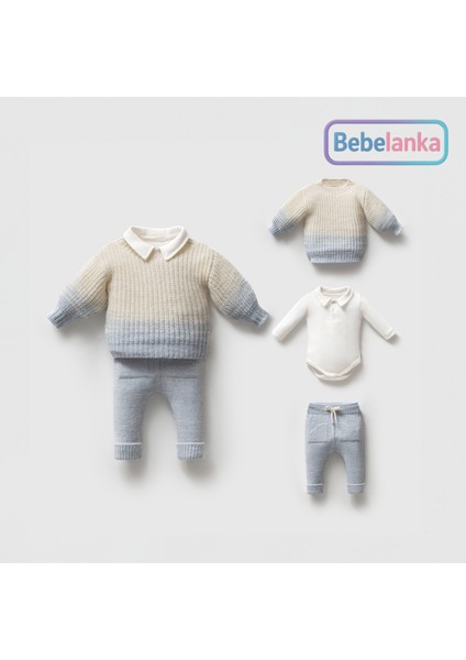 Erkek Bebek %100 Pamuk Polo Yaka Degrade Kazak Zıbın Pantolon 3'lü Takım 489489