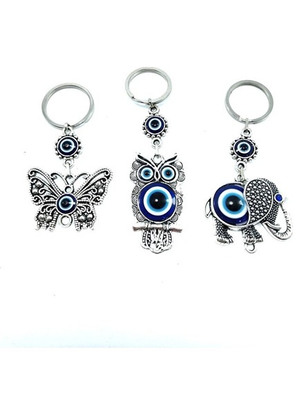 Üçlü Metal Nazar Boncuklu Anahtarlık Seti Kelebek Baykuş Fil Temalı Hediyelik Eşya