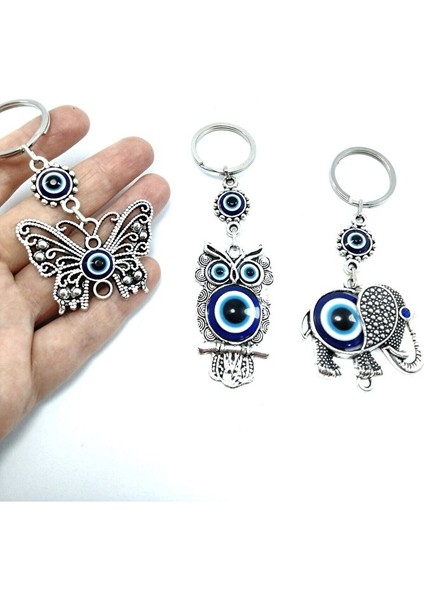 Üçlü Metal Nazar Boncuklu Anahtarlık Seti Kelebek Baykuş Fil Temalı Hediyelik Eşya fiyatları