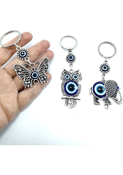 Üçlü Metal Nazar Boncuklu Anahtarlık Seti Kelebek Baykuş Fil Temalı Hediyelik Eşya modelleri