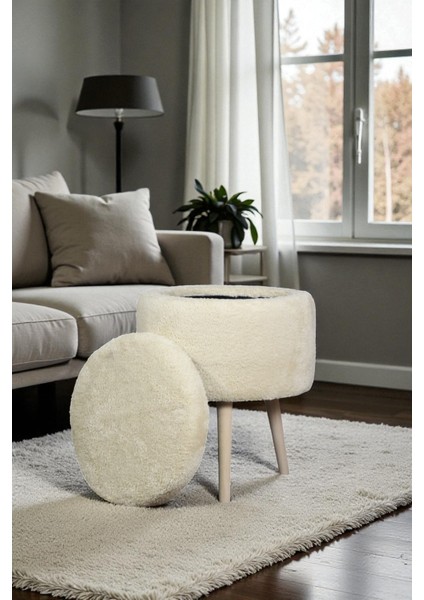 Valora Teddy Peluş Oval Sandıklı Puf – Ahşap Ayaklı Retro Dekoratif Bench
