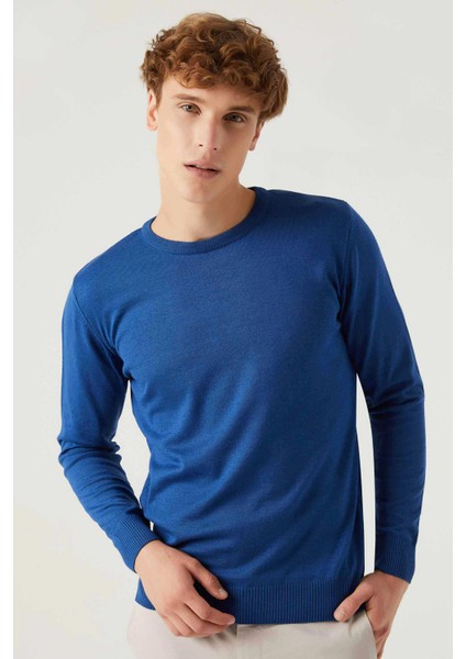 Ds Damat Regular Fit Mavi Tüylenme Yapmayan Bisiklet Yaka Pamuklu Triko Kazak