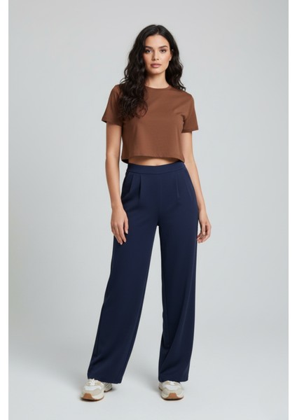 Kadın Yüksek Bel Pensli Krep Palazzo Pantolon – Lacivert