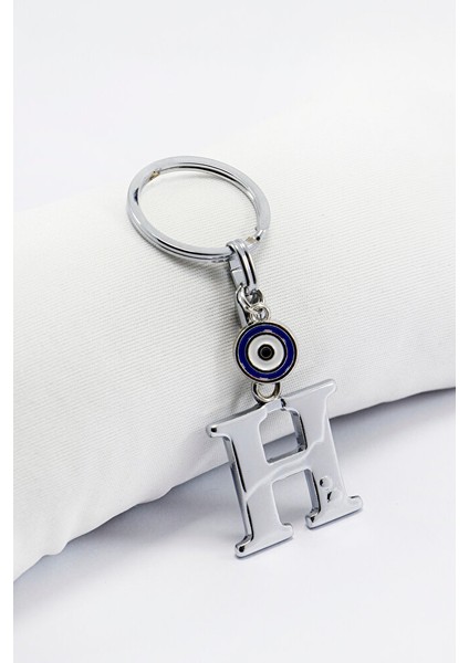 Minik Metal Nazar Boncuklu Gümüş Renkli Metal H Harfi Anahtarlık / Hediyelik Çanta Süsü