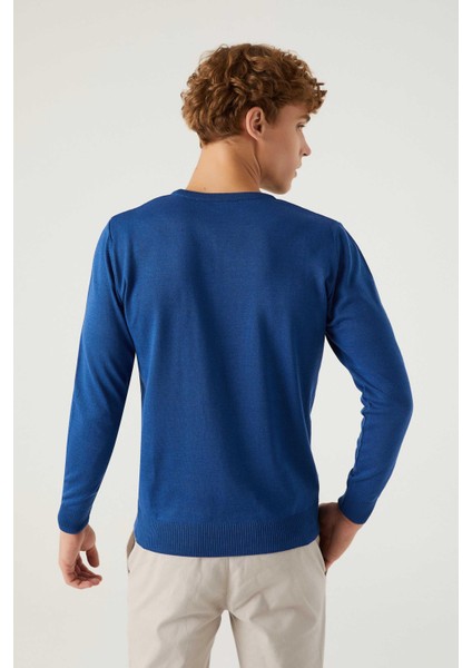 Ds Damat Regular Fit Mavi Tüylenme Yapmayan Bisiklet Yaka Pamuklu Triko Kazak