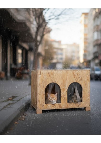 Kedi Evi Dış Ortam Uygun Ahşap Kedi Evi Double Osb 61X41X36 cm Bölmeli - CAT50 modelleri