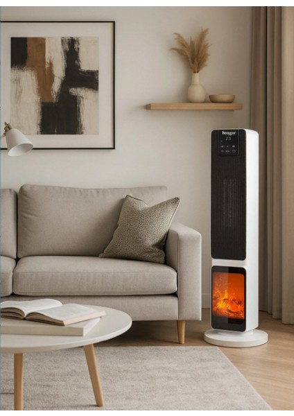 German OLED White Series Şömineli Ekran Dijital Göstergeli Fanlı Kule Tipi Seramik Isıtıcı Uzaktan Kumandalı