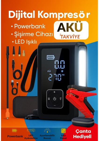 Akü Takviye Cihazı Taşınabilir Araç Motosiklet,top Vs Şişirme Pompası Hava Kompresörü