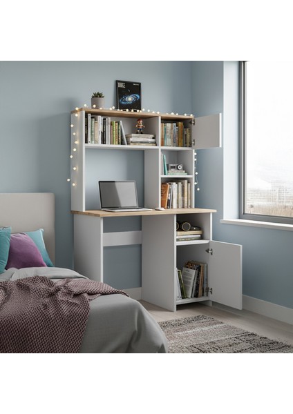 Porto 2 Kapaklı ve Raflı Çalışma Masası - Beyaz / Atlantik Çam - 150X50X110 cm