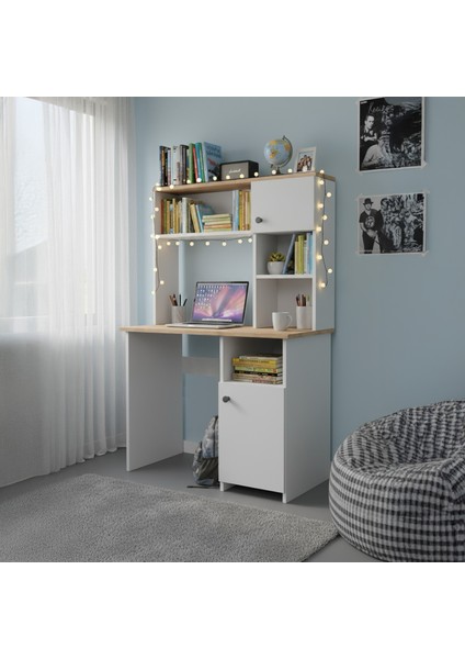 Porto 2 Kapaklı ve Raflı Çalışma Masası - Beyaz / Atlantik Çam - 150X50X110 cm fiyatları
