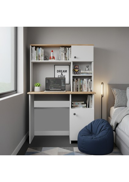 Porto 2 Kapaklı ve Raflı Çalışma Masası - Beyaz / Atlantik Çam - 150X50X110 cm modelleri