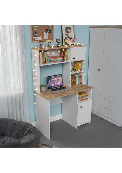 Porto 2 Kapaklı ve Raflı Çalışma Masası - Beyaz / Atlantik Çam - 150X50X110 cm fırsatları