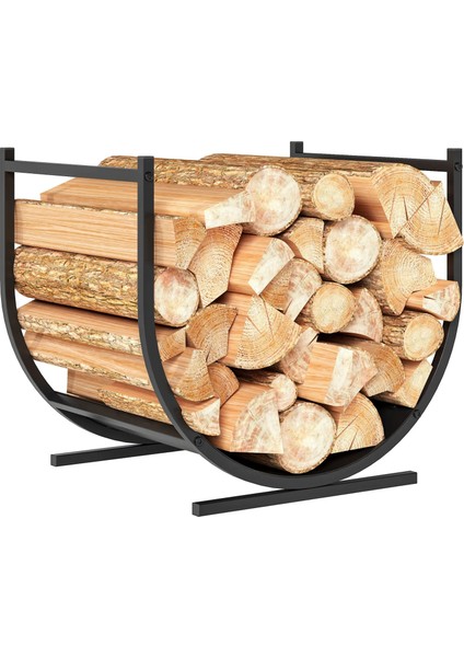 Kavisli U Siyah Şömine Metal Gövdeli Dekoratif Odunluk Şömine Raf Sehpa