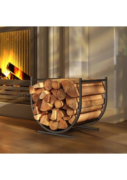 Kavisli U Siyah Şömine Metal Gövdeli Dekoratif Odunluk Şömine Raf Sehpa modelleri