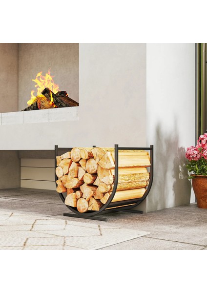 Kavisli U Siyah Şömine Metal Gövdeli Dekoratif Odunluk Şömine Raf Sehpa fırsatları