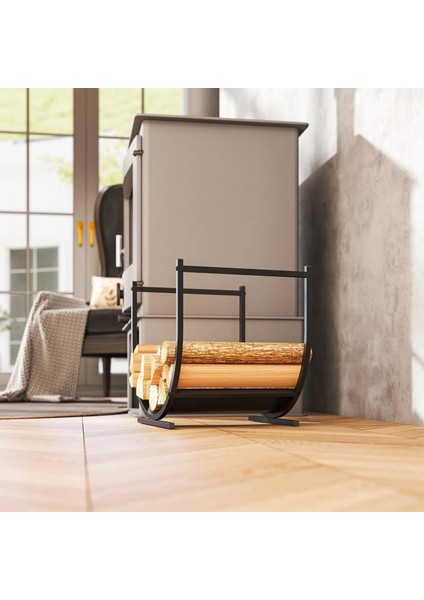 Kavisli U Siyah Şömine Metal Gövdeli Dekoratif Odunluk Şömine Raf Sehpa indirimleri