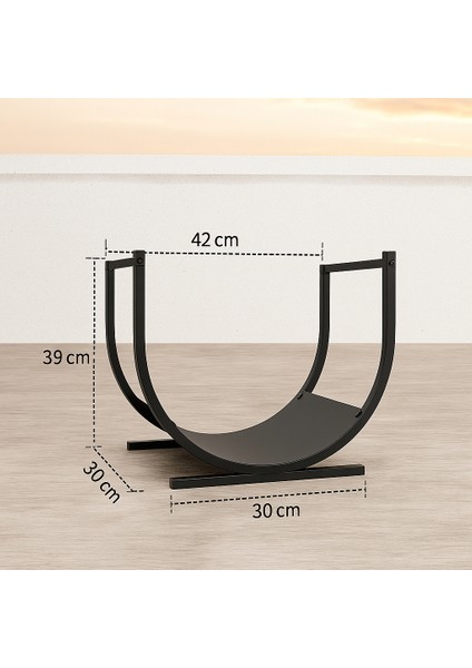 Kavisli U Siyah Şömine Metal Gövdeli Dekoratif Odunluk Şömine Raf Sehpa