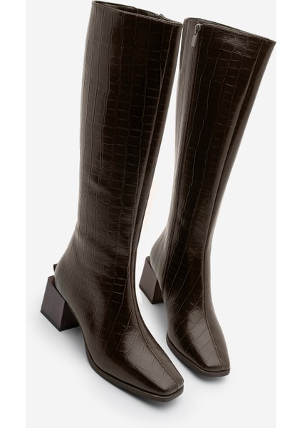Kadın Küt Burun Fermuarlı Kalın Topuklu Çizme Lusso Kahve Croco