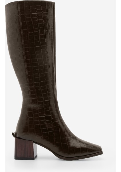Kadın Küt Burun Fermuarlı Kalın Topuklu Çizme Lusso Kahve Croco modelleri