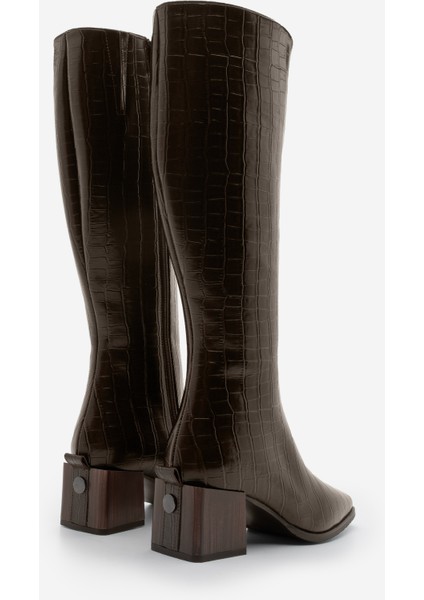 Kadın Küt Burun Fermuarlı Kalın Topuklu Çizme Lusso Kahve Croco