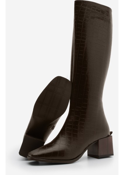 Kadın Küt Burun Fermuarlı Kalın Topuklu Çizme Lusso Kahve Croco