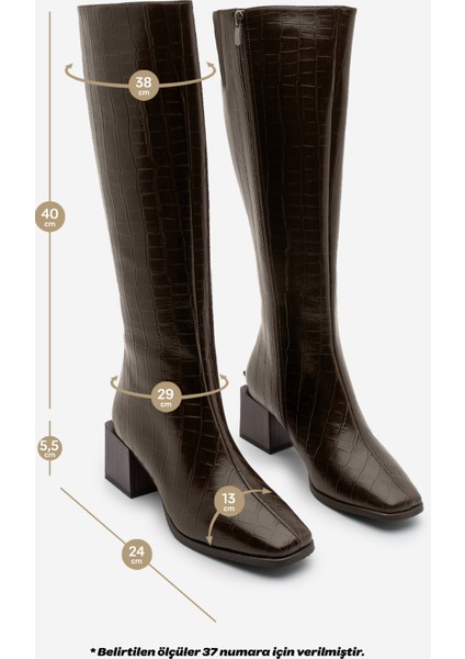 Kadın Küt Burun Fermuarlı Kalın Topuklu Çizme Lusso Kahve Croco